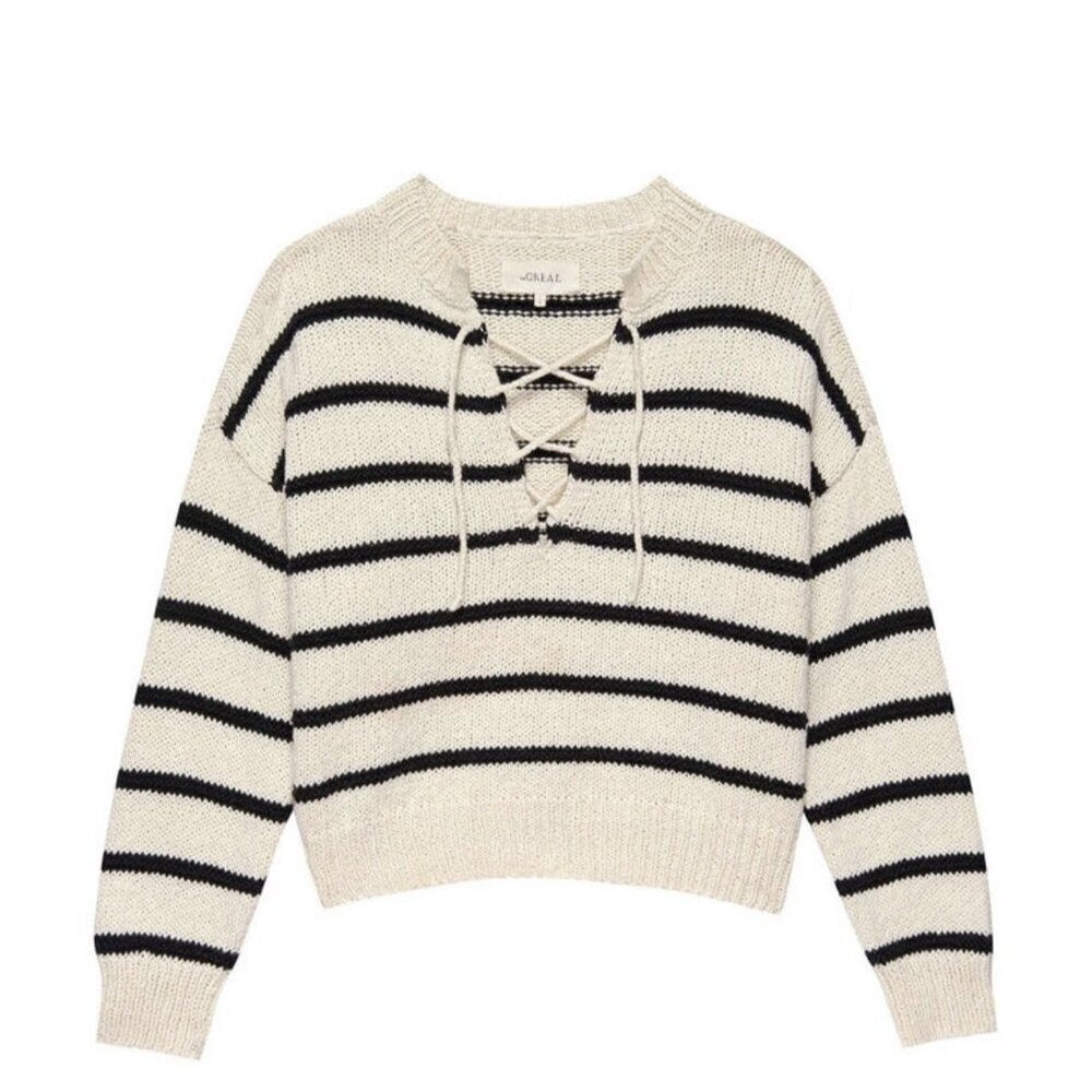 The Great. Sea Stripe Lace Up Pullover Women’s Sweater Size 0 XS Cream Black
